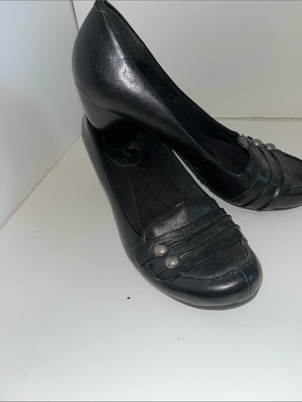 BareTraps Black Leather Mid-Heel Pumps with Stud Detail